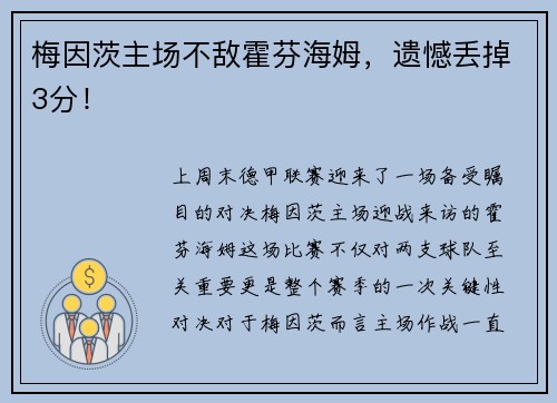梅因茨主场不敌霍芬海姆，遗憾丢掉3分！